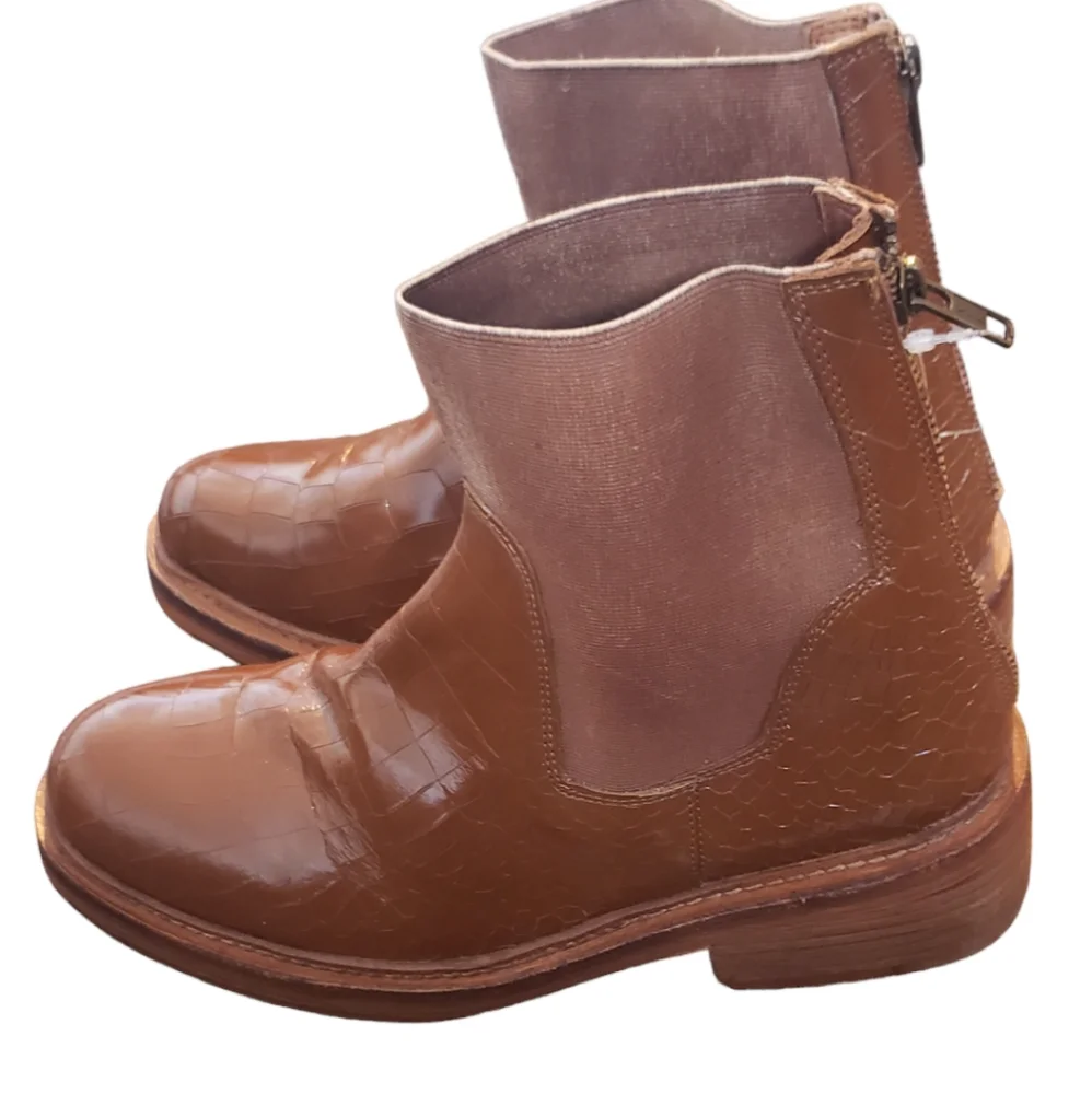 Free People Brown Croc-Embossed Leather Ankle Boots